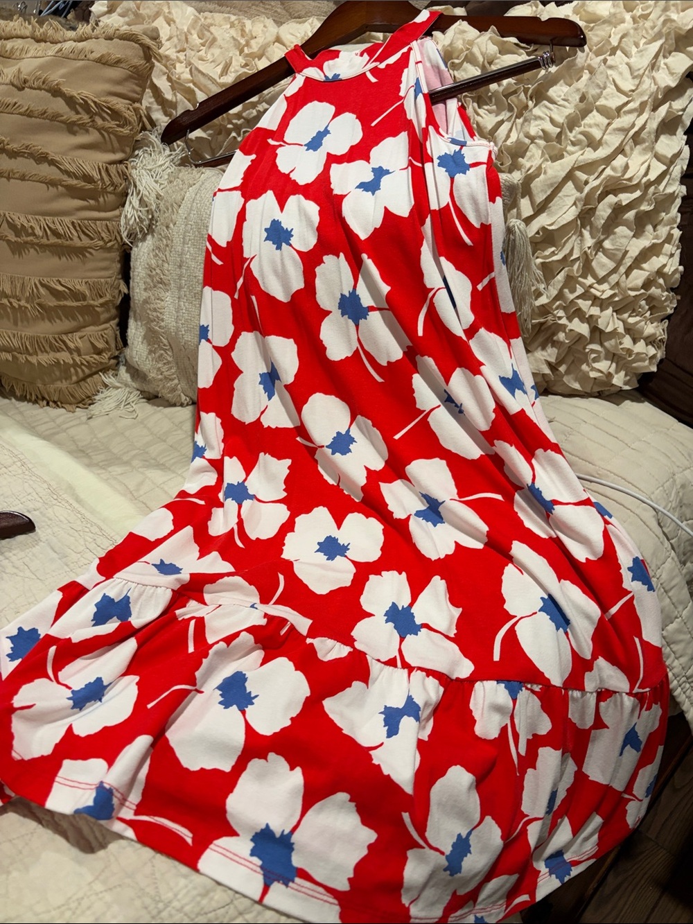 LOFT Red Floral Sundress with White & Blue Blooms